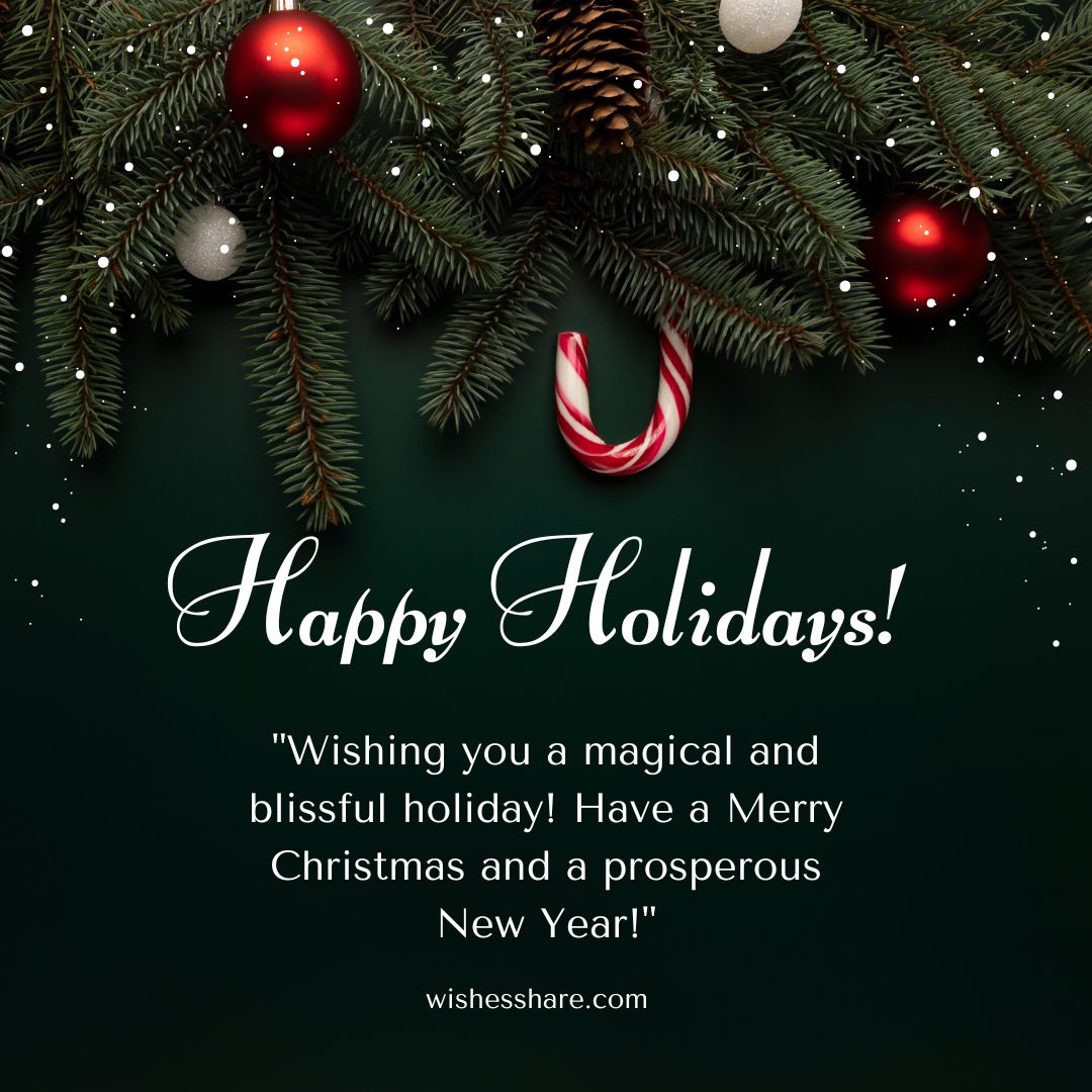 An elegant holiday greeting card with a top-down view of pine branches, adorned with white and gold baubles and a red and white candy cane, against a dark background. Text says "Happy Holiday