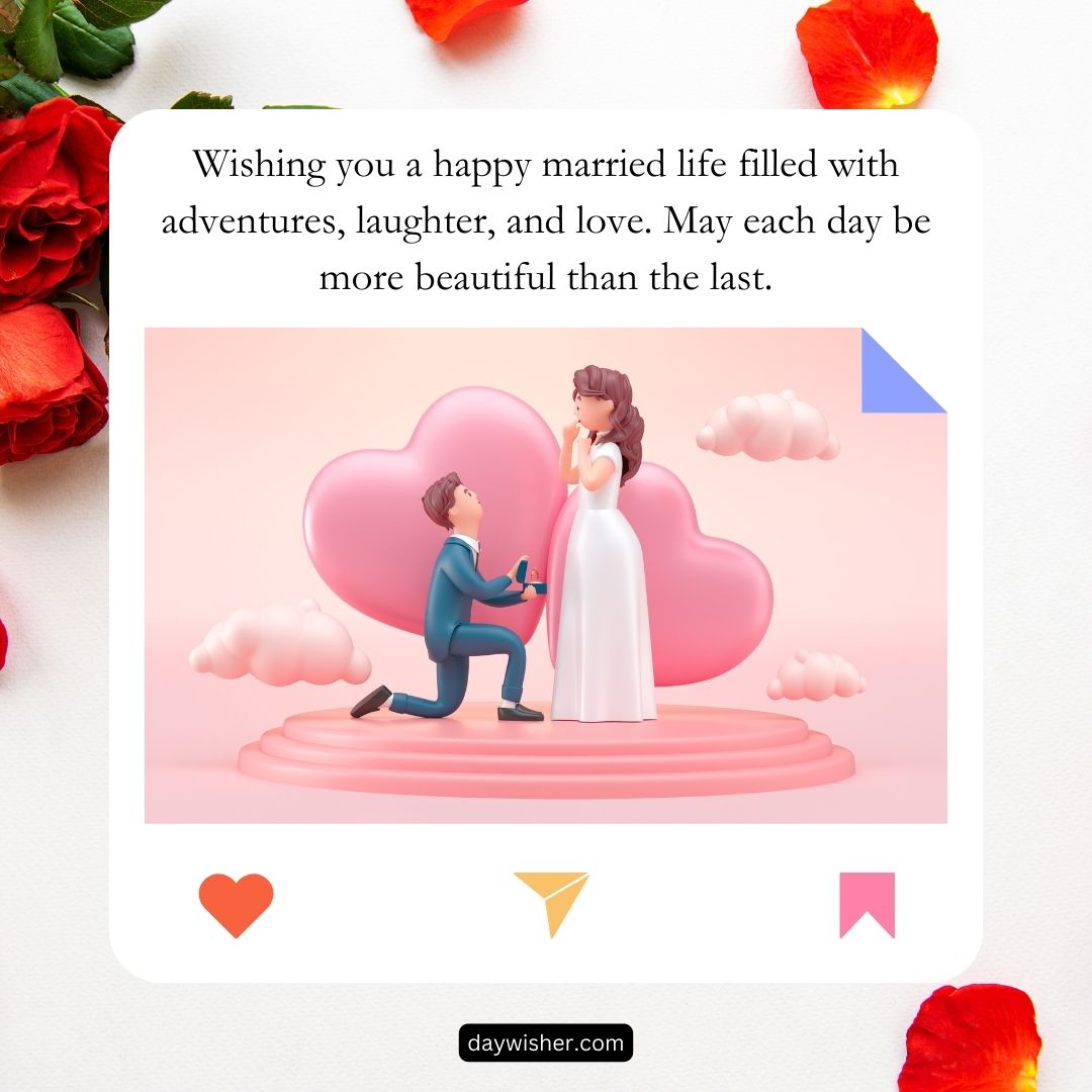 Illustration of a wedding scene with a man kneeling and proposing to a woman in a white dress, surrounded by red roses and hearts, with a congratulatory message including "Wedding Wishes for Friend