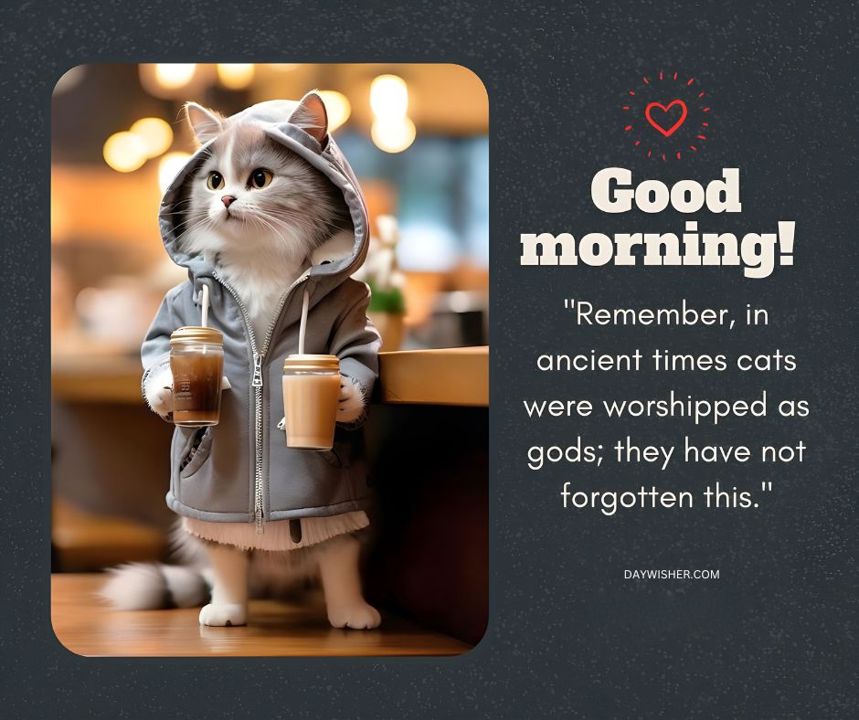 A fluffy gray and white cat wearing a hoodie, holding two cups of coffee with its paws, with the caption "Good Morning Cat Images! Remember, in ancient times cats were worshipped as gods