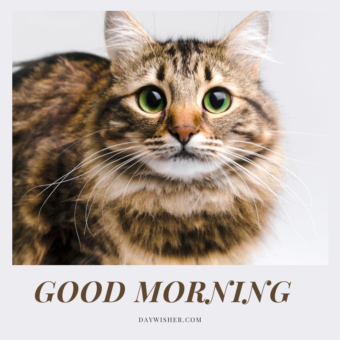 A captivating "Good Morning" close-up portrait of a fluffy tabby cat with striking green eyes and intricate fur patterns. The cat's intense yet curious gaze against a simple white background offers a serene start to the day. This image highlights the delicate whiskers and vibrant color contrast, enhancing the cat's expressive face for a beautiful morning greeting.