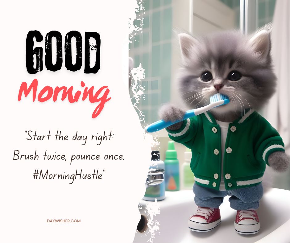 A cute gray kitten standing on a bathroom sink, brushing its teeth while dressed in a stylish green jacket and jeans. The kitten, reflected in the bathroom mirror, focuses intently on the task, with a toothbrush held firmly in its tiny paws. The setting includes everyday bathroom items, creating a relatable morning routine scene.