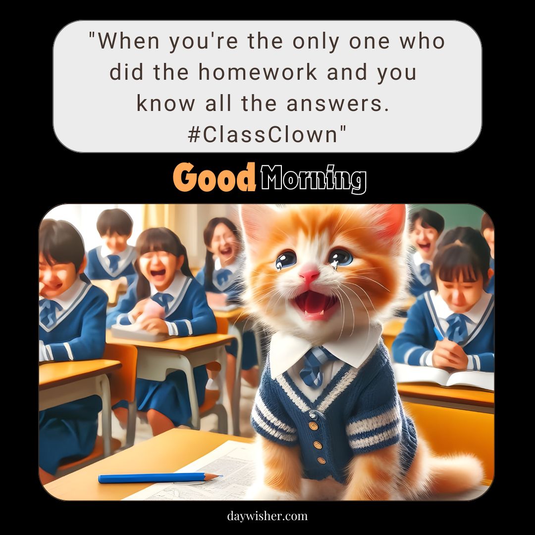 A delightful scene in a classroom with a small kitten dressed in a school uniform, standing on a textbook and joyfully meowing. The kitten's fur is bright orange and white, and it wears a blue and white school sweater. The background shows a group of laughing students in school uniforms, creating an atmosphere of fun and learning.