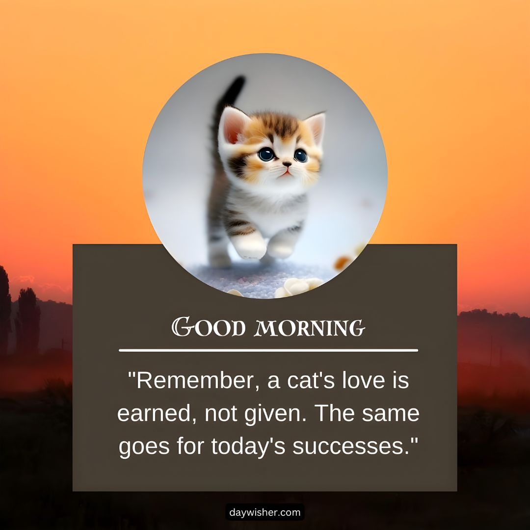A small kitten sits in front of a vibrant orange dawn, with the text "Good Morning" and a motivational quote about earning love and success.