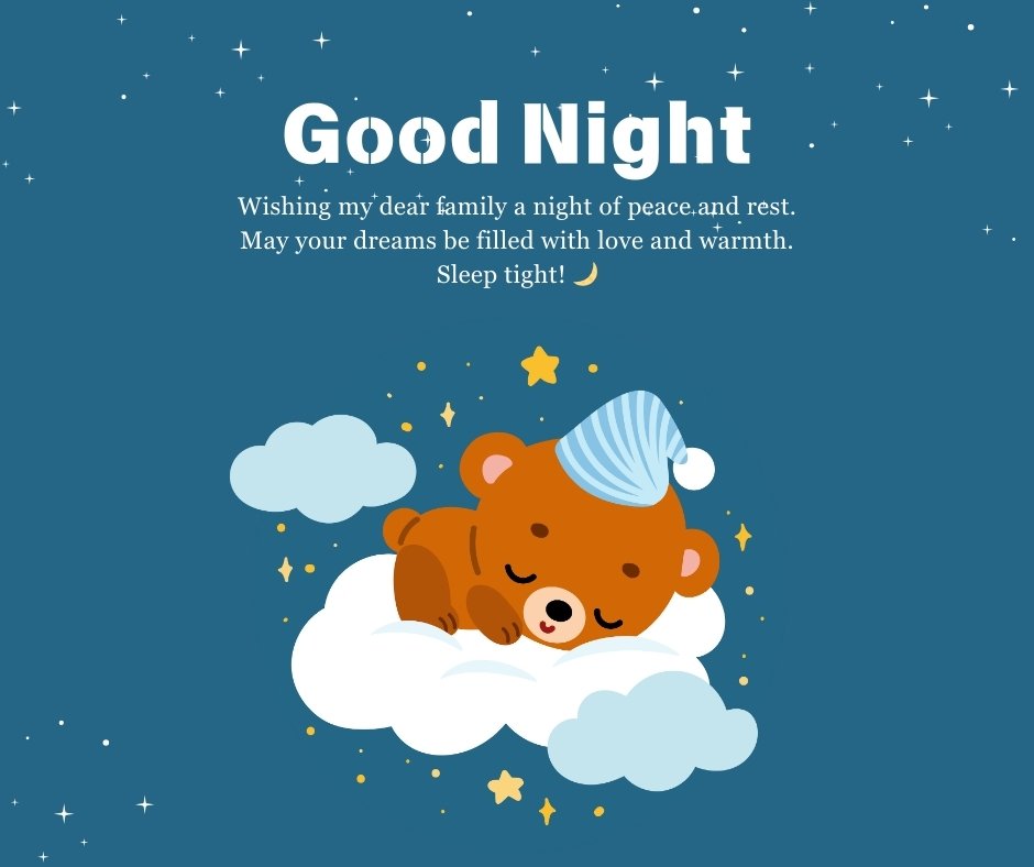 Good Night Blessings Messages for Family featuring a cute sleeping bear on a cloud with stars, offering warm wishes for peace and restful dreams.